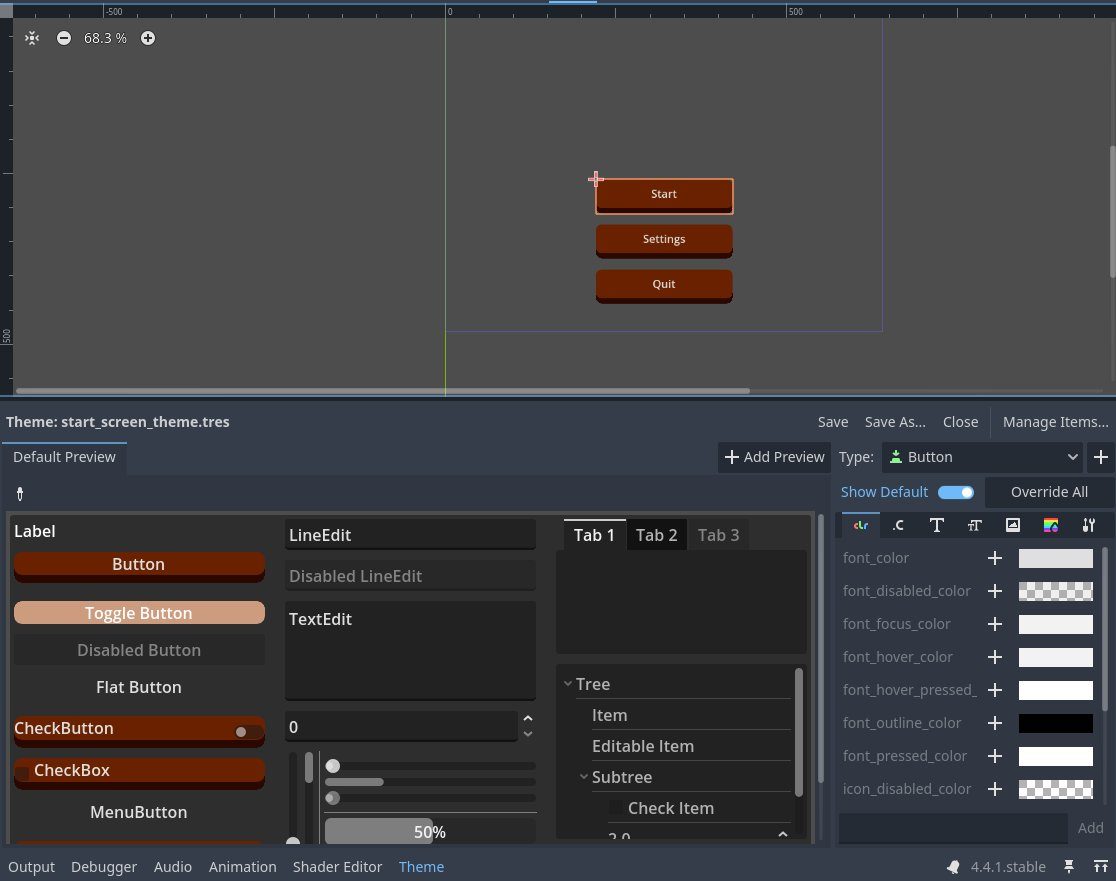 Godot theme editor showing global UI component states
